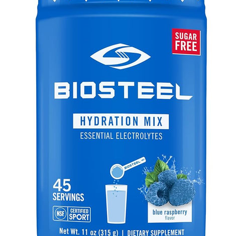 BioSteel Zero Sugar Hydration Mix, Great Tasting Hydration with 5 Essential Electrolytes, Blue Raspberry Flavor, 45 Servings per Tub