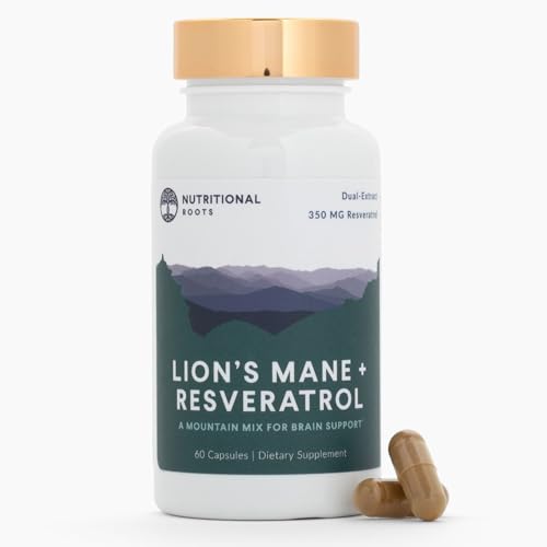 Lion's Mane Mushroom Supplement Capsules, 8:1 Extract with Resveratrol, 60 Count