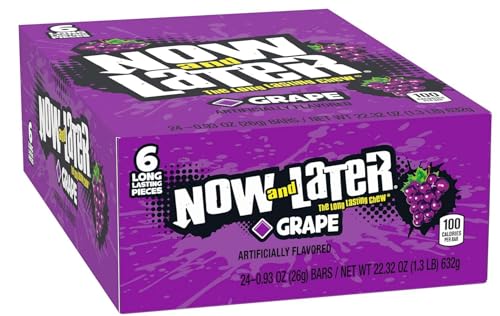 Now and Later Original Taffy Chews Candy, Grape, 0.93 oz Bar, 6 Count (Pack of 24)