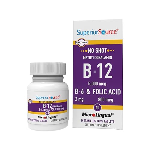 Superior Source No Shot Vitamin B-12 5,000 mcg with B-6 & Folic Acid, 60 Count