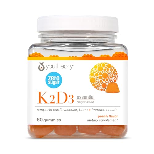 Youtheory K2D3 Zero Sugar Gummies, Peach, 60 Vegetarian Gummies