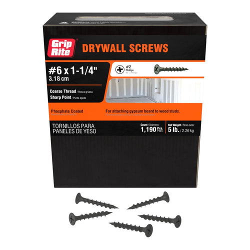 Grip-Rite Coarse Thread Drywall Screws, #6 x 1-1/4 Inch, Phillips Bugle Head, 5 lb Box