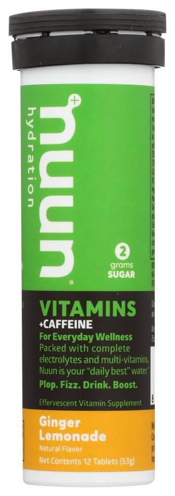 Nuun Vitamins plus Caffeine Ginger Lemonade Daily Supplement, 12 Tabs (3 Tubes)