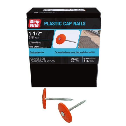 Grip-Rite Plastic Cap Nails, Electro-Galvanized, 1-1/2", 207 Count