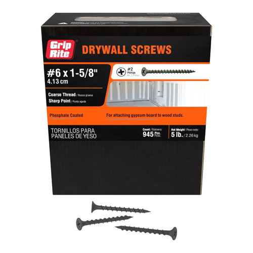 Grip-Rite Coarse Thread Drywall Screws, #6 x 1-5/8", Phillips Bugle Head, 5 lb Box