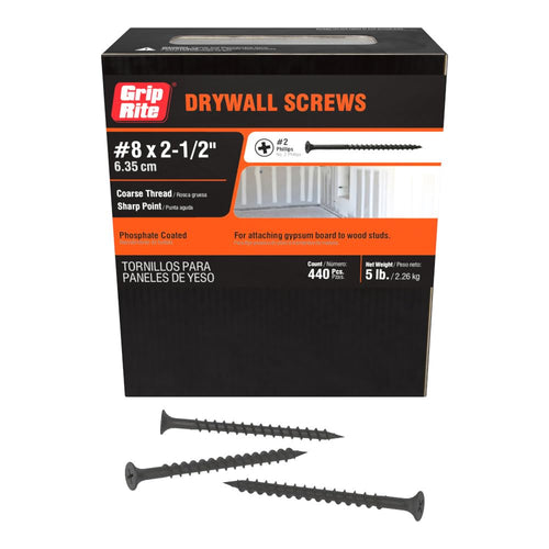 Grip-Rite Coarse Thread Drywall Screws, #8 x 2-1/2", Phillips Bugle Head, 5 lb Box