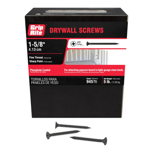Grip-Rite Fine Thread Drywall Screws, #6 x 1-5/8", Phillips Bugle Head, 5 lb Box