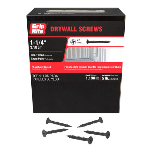 Grip-Rite Fine Thread Drywall Screws, #6 x 1-1/4", Phillips Bugle Head, 5 lb Box