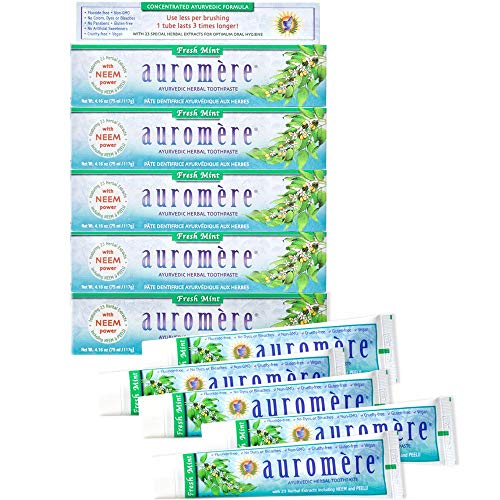 Auromere Ayurvedic Herbal Neem & Clove Toothpaste, Fresh Mint (Pack of 5)