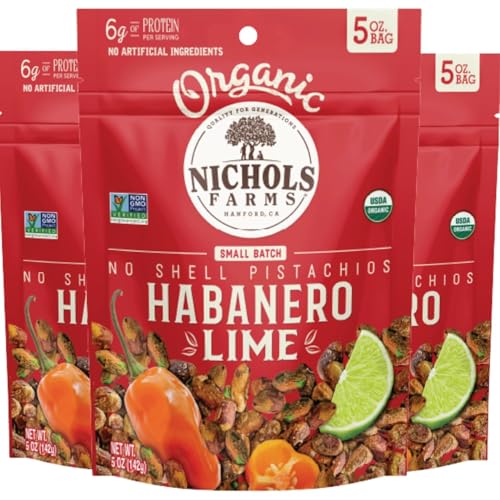 Nichols Farms Organic Roasted Pistachios with Sea Salt, No Shell, 6 oz (Pack of 3)