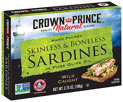 Crown Prince Natural Skinless & Boneless Sardines in Olive Oil, 3.75 oz (Pack of 12)