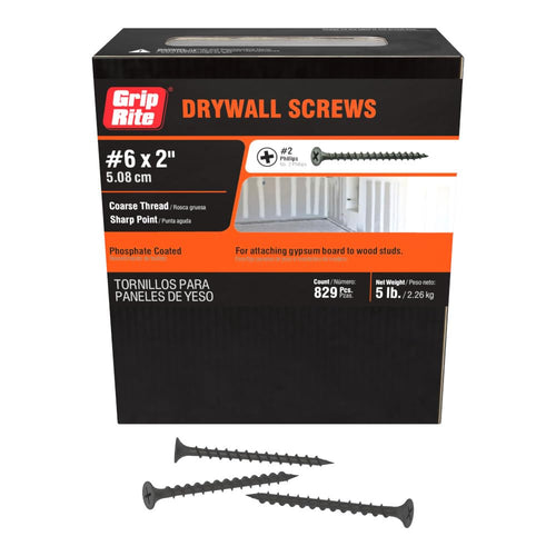 Grip-Rite Coarse Thread Drywall Screws, #6 x 2 Inch, Phillips Bugle Head, 5 lb Box