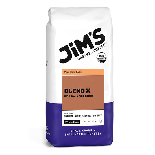 Jim's Organic Coffee Blend X Witches Brew, Very Dark Roast Whole Bean, 11 oz