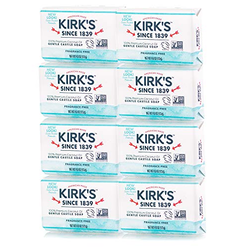 Kirk's Original Coco Castile Bar Soap, Fragrance Free, 4 oz (Pack of 8)