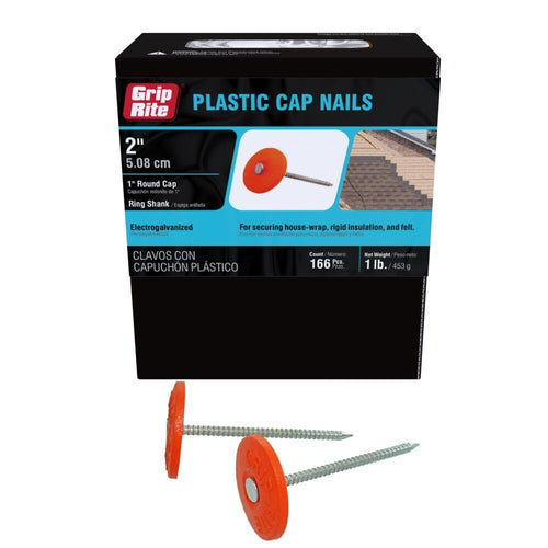 Grip-Rite Plastic Cap Nails, Electro-Galvanized, 2", 166 Count