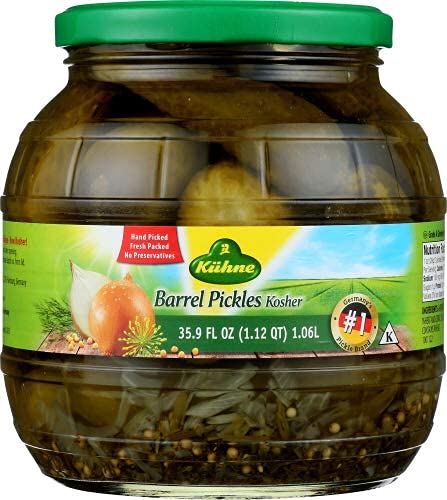 Kuhne Kosher Barrel Pickles with Dill, Onions and Mustard Seeds, 35.9 fl oz (Pack of 2)