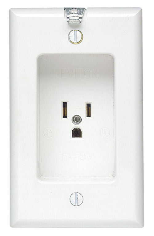 Leviton 688-W 15 Amp 125V Recessed Single Receptacle with Clock Hanger Hook, White