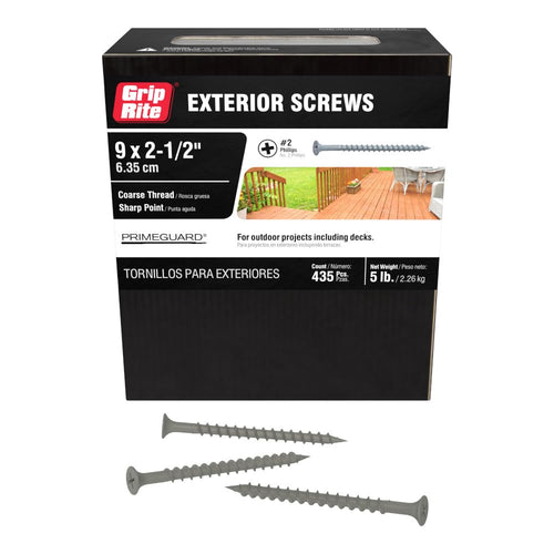 Grip-Rite Exterior Deck Screws, #9 x 2-1/2", Gray, 5 lb Box