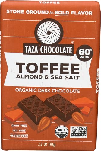 Taza Chocolate Organic Amaze Bar, 60% Stone Ground, Toffee Almond Sea Salt, 2.5 oz