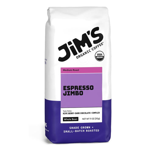 Jim's Organic Coffee Espresso Jimbo, Whole Bean Medium/Dark Roast, 11 oz