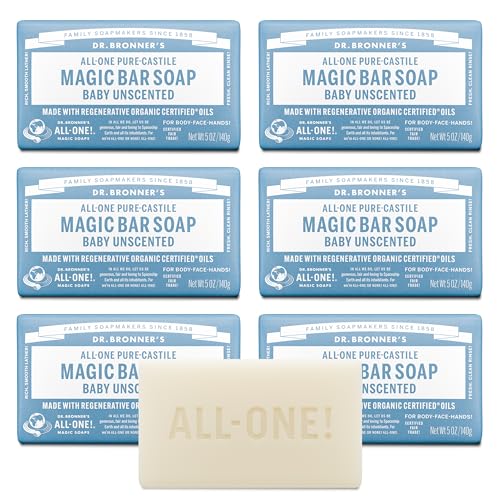 Dr. Bronner's Pure-Castile Bar Soap, Baby Unscented, 5 oz (Pack of 6)