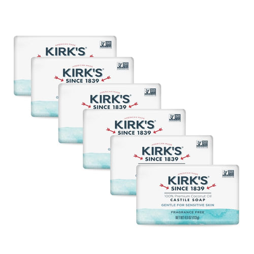 Kirk's Castile Bar Soap, Fragrance Free, 4 oz Bars (Pack of 6)
