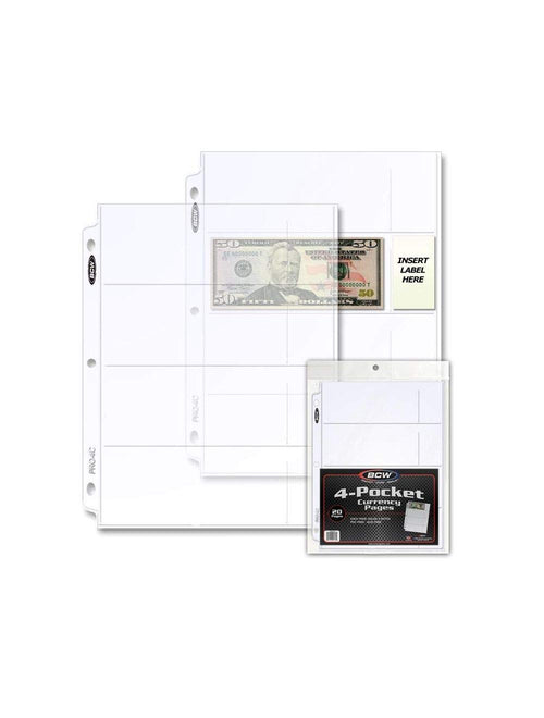 BCW Pro 4-Pocket Currency Sleeve Pages, 20 Count