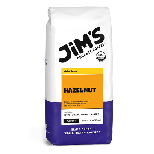 Jim's Organic Coffee Hazelnut Flavored Ground Coffee, Light Roast, 12 oz