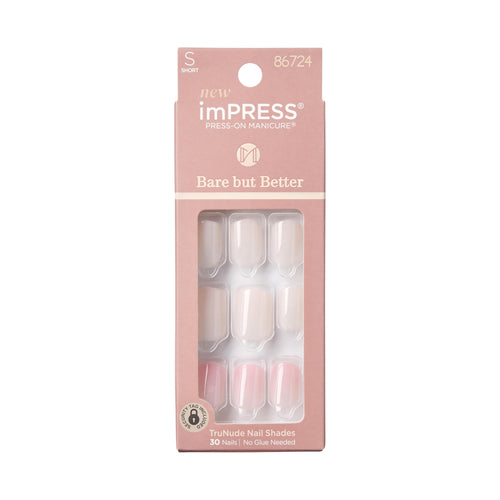 KISS imPRESS No Glue Press On Nails, Effortless Finish, Nude, Short Squoval (30 Nails)