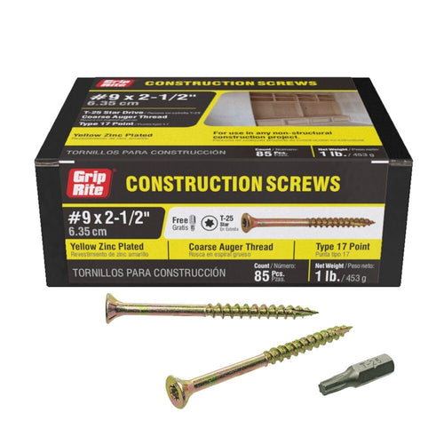 Grip-Rite Gold Construction Wood Screws, #9 x 2-1/2", T25 Star Drive, 1 lb Box