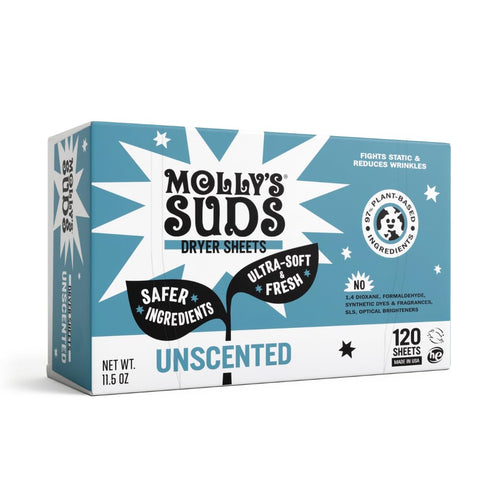 Molly's Suds Fabric Softener Dryer Sheets, Unscented, 120 Sheets