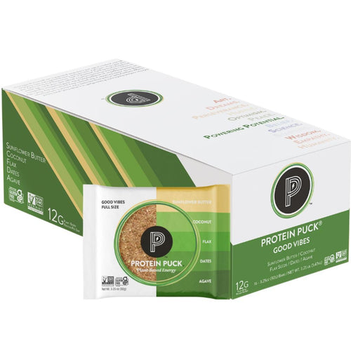 Protein Puck Plant-Based Protein Bars, Good Vibes, 3.25 oz (Pack of 16)