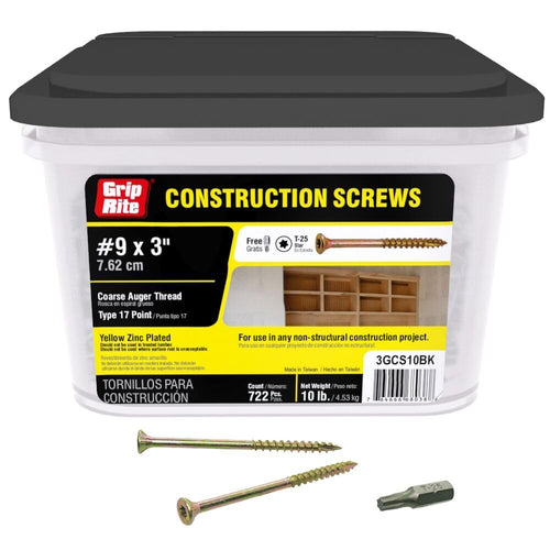 Grip-Rite #8 x 3 Inch T25 Star Drive Gold Construction Wood Screws, 10 lb Bucket