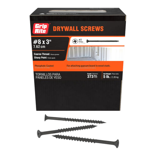 Grip-Rite Coarse Thread Drywall Screws, #8 x 3", Phillips Bugle Head, 5 lb Box
