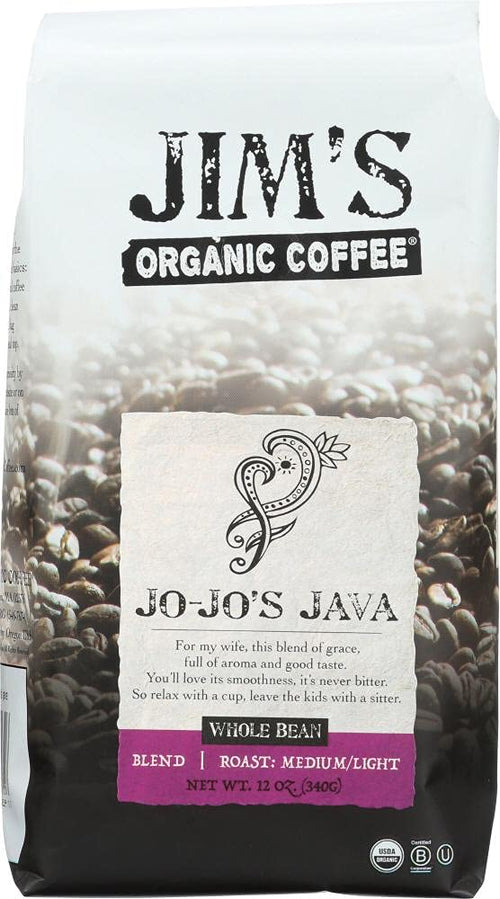 Jim's Organic Coffee Jo-Jo's Java Blend, Medium/Light Roast, Whole Bean, 12 oz