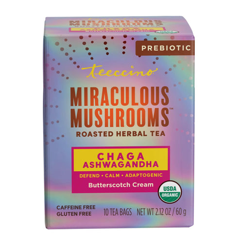 Teeccino Chaga Ashwagandha Herbal Tea, Butterscotch Cream, 10 Tea Bags