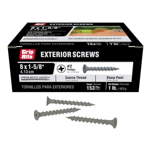 Grip-Rite Exterior Deck Screws, #9 x 1-5/8 Inch, PrimeGuard Coating, Gray, 1 lb Box