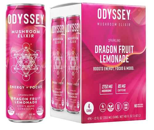 Odyssey Elixir Sparkling Adaptogen Drink, Dragon Fruit Lemonade, 12 fl oz (Pack of 4)