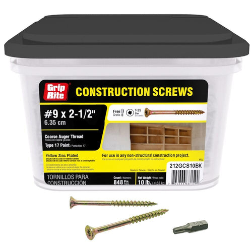 Grip-Rite #9 x 2-1/2 Inch Type 17 Construction Screws, 848 Count (10 lb)