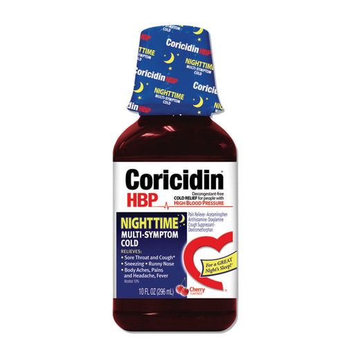 Coricidin HBP Nighttime Multi-Symptom Cold Liquid, Cherry, 12 fl oz (Pack of 3)