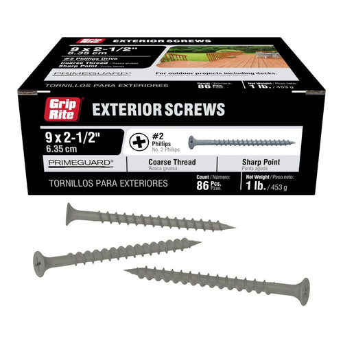 Grip-Rite Exterior Deck Screws, #9 x 2-1/2 Inch, PrimeGuard Coating, Gray, 1 lb Box