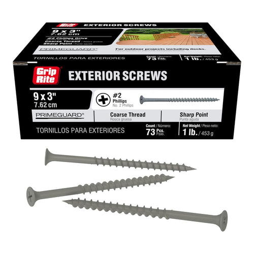 Grip-Rite Exterior Deck Screws, #9 x 3 Inch, PrimeGuard Coating, Gray, 1 lb Box