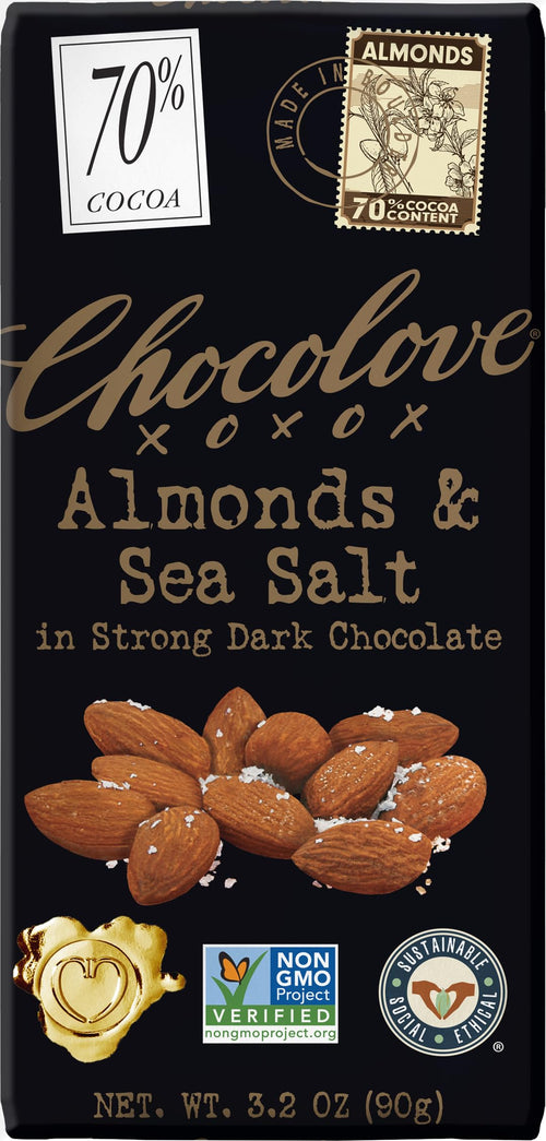 Chocolove Dark Chocolate Bar, Almonds and Sea Salt 70%, 3.2 oz