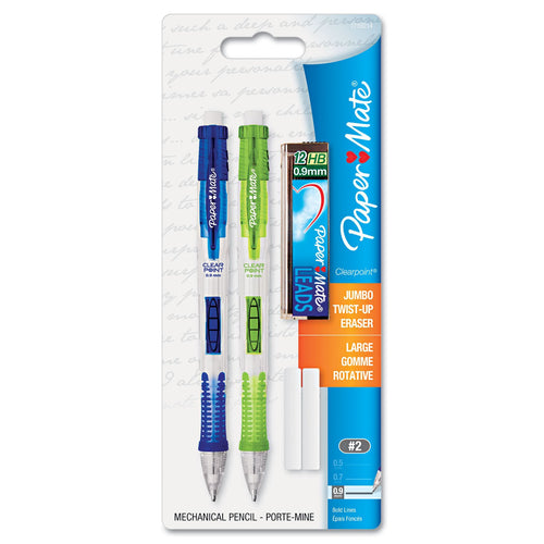 Paper Mate Clear Point Mechanical Pencil Starter Set, 0.9 mm, Lime Green & Blue (2 Count)