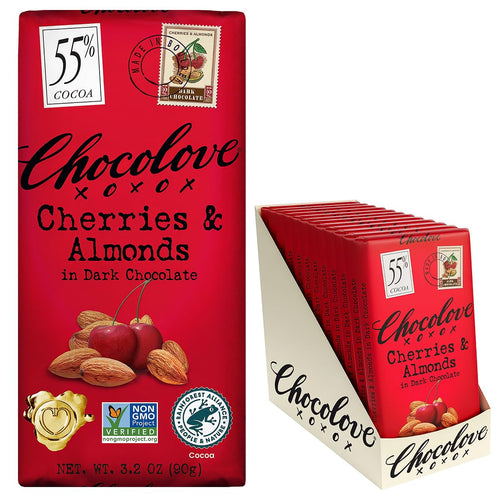 Chocolove Cherry & Almonds Dark Chocolate Bar, 55% Cocoa, 3.2 oz (Pack of 12)