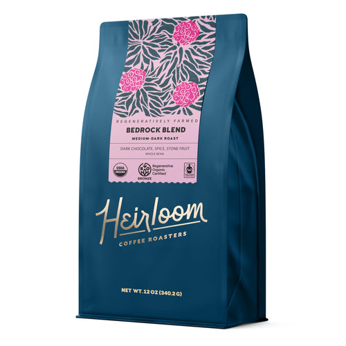 Heirloom Coffee Roasters Bedrock Blend Whole Bean Coffee, Medium/Dark Roast, 12 oz