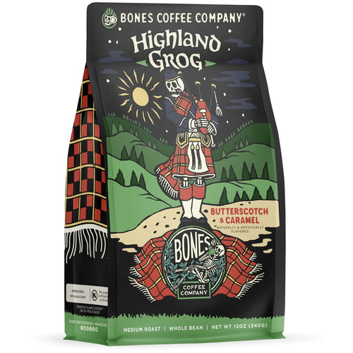 Bones Coffee Company Highland Grog Butterscotch Caramel Flavored Coffee, Whole Bean, 12 oz