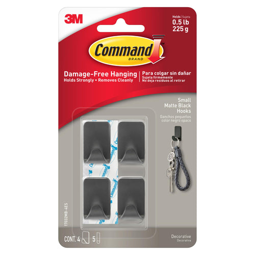 Command Removable Small Hooks, Matte Black (4 Hooks)