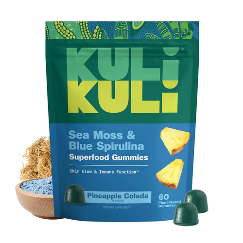 Kuli Kuli Organic Sea Moss & Blue Spirulina Gummies, Pineapple Colada, 60 Count