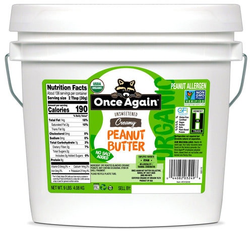 Once Again Organic Creamy Peanut Butter, Unsalted, 9 lb Bucket